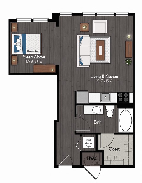 Floor plan for studio, 1 bath, 630 sqft